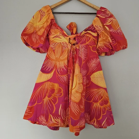 FARM Rio summer garden ombre puff sleeve tie back mini dress floral orange pink - Picture 5 of 10